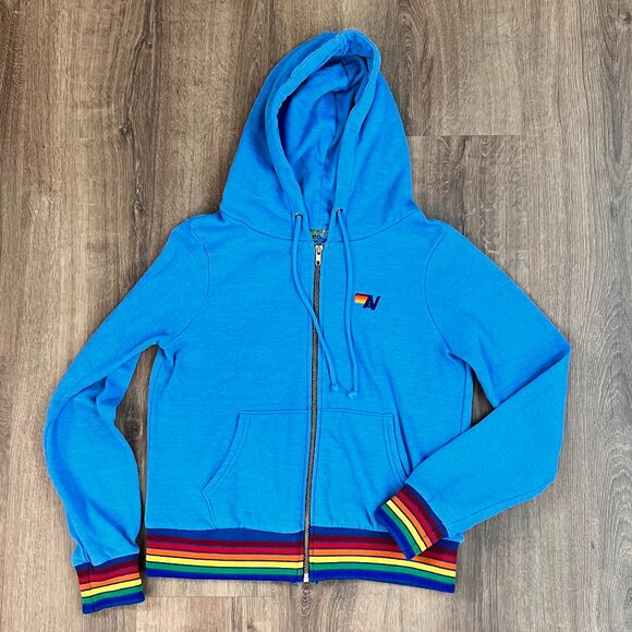 EUC Aviator Nation Rainbow Rib Zip Hoodie Light Blue Sz XS - Picture 4 of 12
